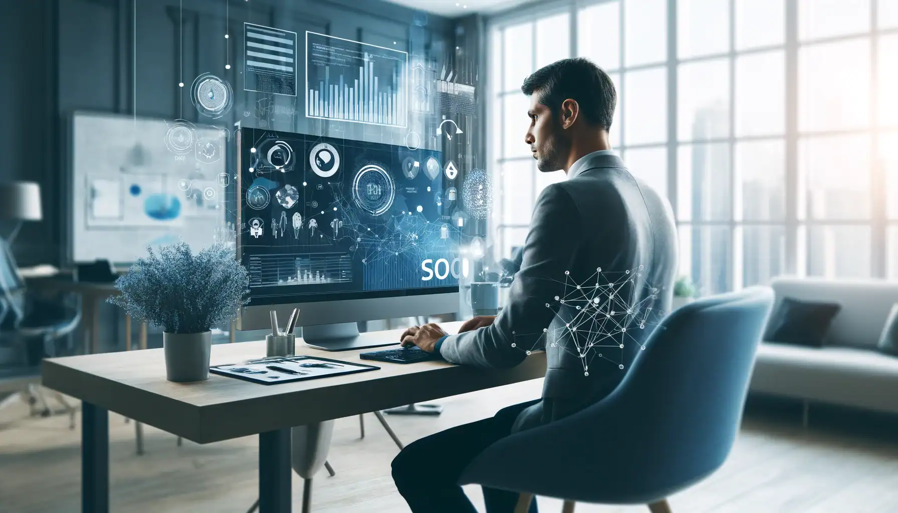 Business owner using AI automation tools to manage online leads, CRM, and digital growth dashboards for home service marketing.