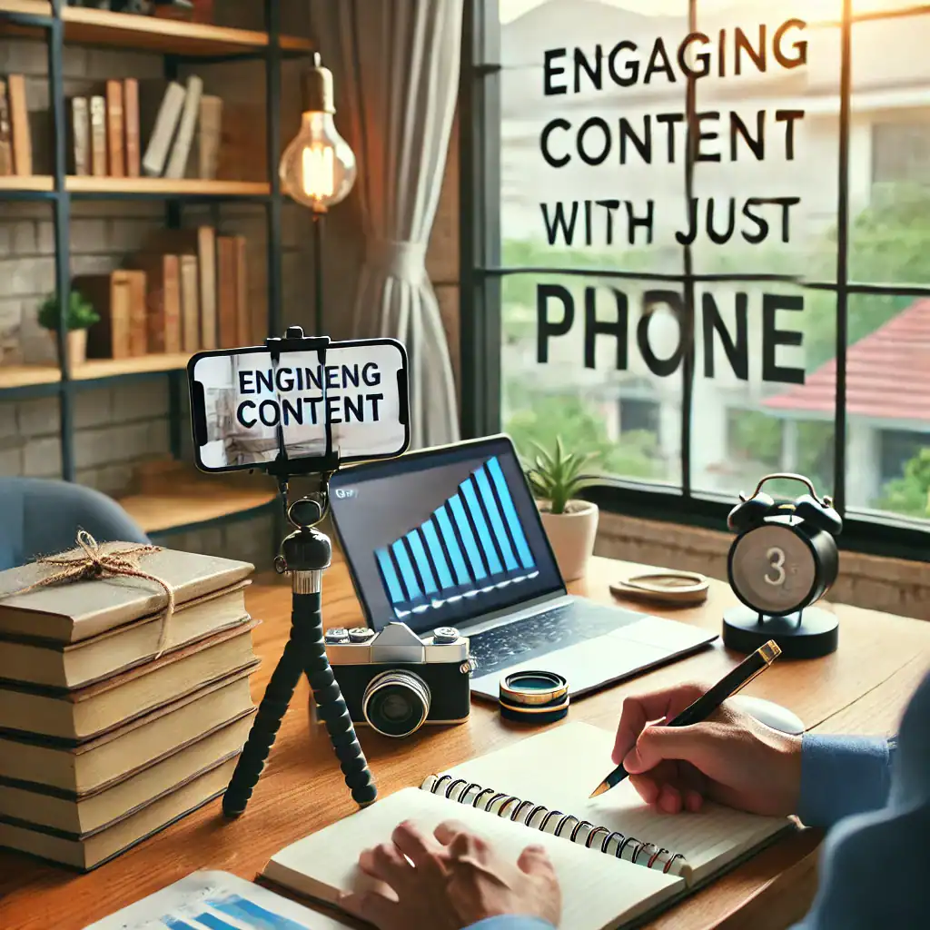 desk showing a camera laptop and phone and a man writing content ideas