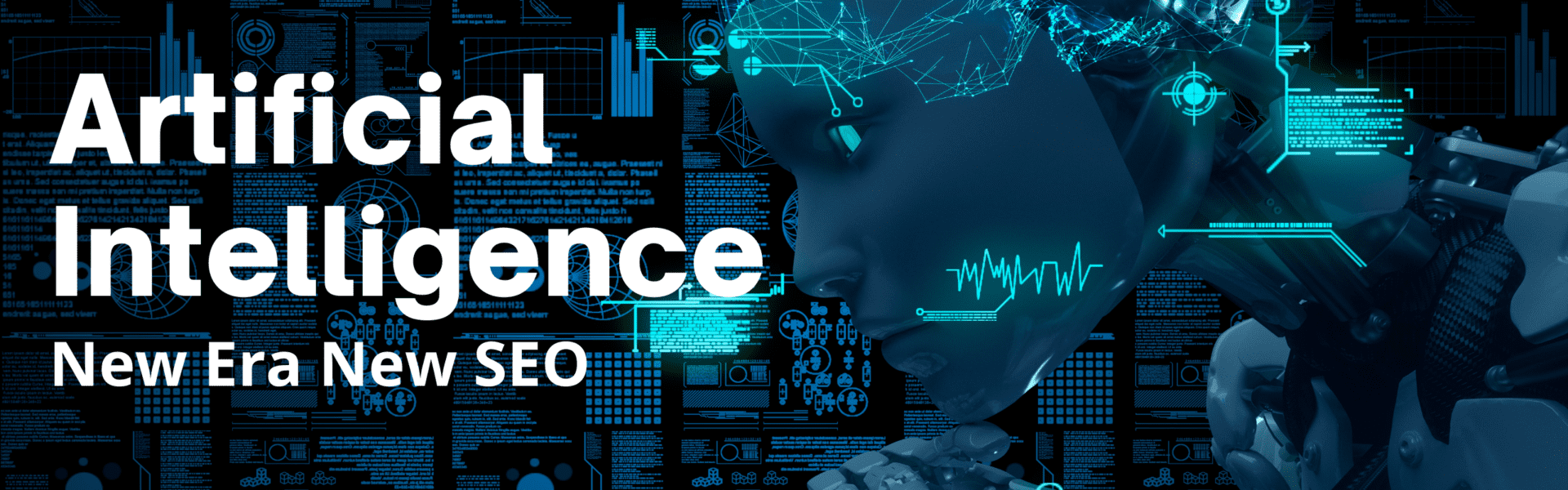 Futuristic digital illustration showcasing artificial intelligence with a robotic profile and data visualizations in the background. The text reads 'Artificial Intelligence - New Era, New SEO,' symbolizing the shift toward AI-powered SEO strategies.