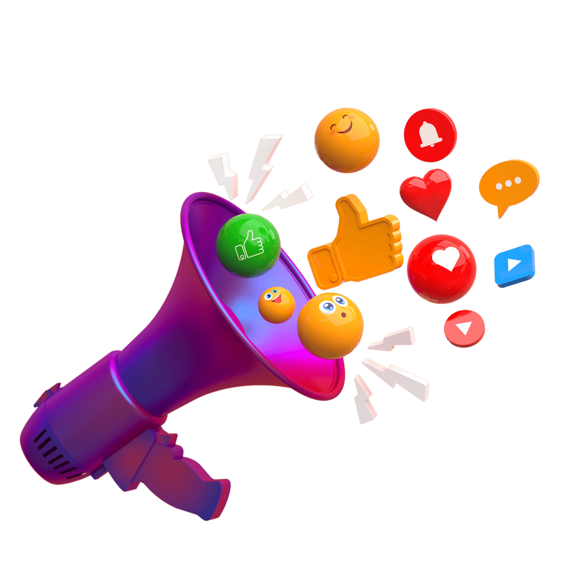 3D digital illustration of a colorful megaphone emitting social media engagement icons, including thumbs up, heart, chat bubble, notification bell, and emoji reactions, symbolizing digital marketing, audience interaction, and brand promotion.