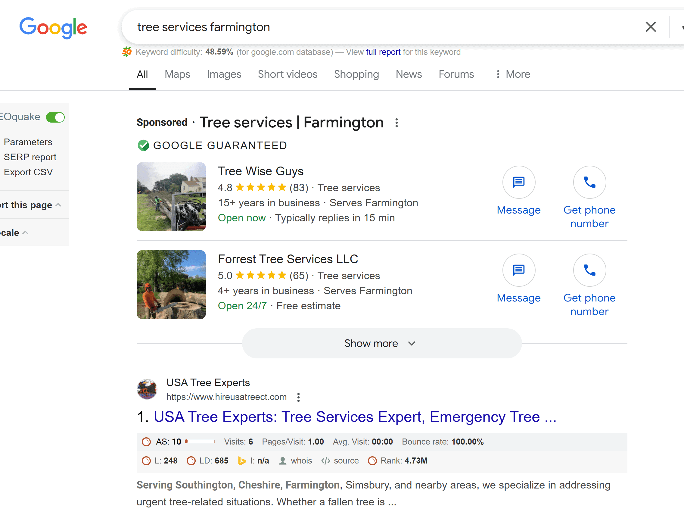 Google search results for 'tree services Farmington' showing USA Tree Experts ranking #1 in organic search below two sponsored listings, with detailed SEO metrics visible.