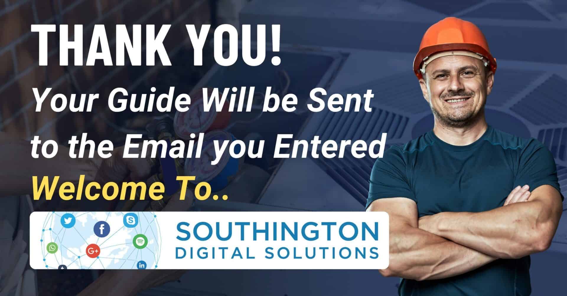Smiling HVAC technician in orange hard hat next to thank you message from Southington Digital Solutions confirming a free guide will be sent via email