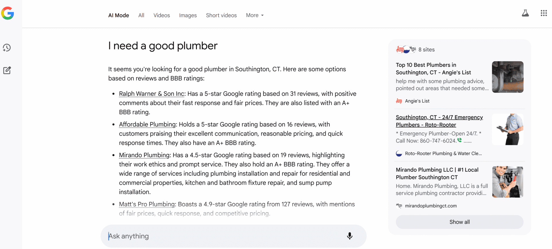 Screenshot of a Google AI Overview displaying recommended plumbers in Southington, CT, including ratings and summaries for businesses like Ralph Warner & Son Inc and Mirando Plumbing.