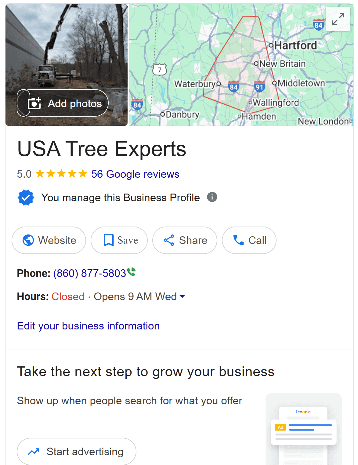 Google Business Profile screenshot showing USA Tree Service ranked in the local map pack, optimized for tree removal and tree care services in Connecticut.
