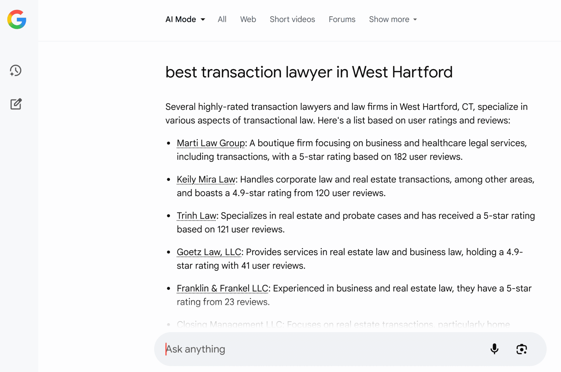 Google search AI-generated answer for 'best transaction lawyer in West Hartford,' listing several highly-rated law firms with descriptions and user ratings. Firms include Marti Law Group, Keily Mira Law, Trinh Law, Goetz Law LLC, and Franklin & Frankel LLC, with ratings ranging from 4.9 to 5 stars.
