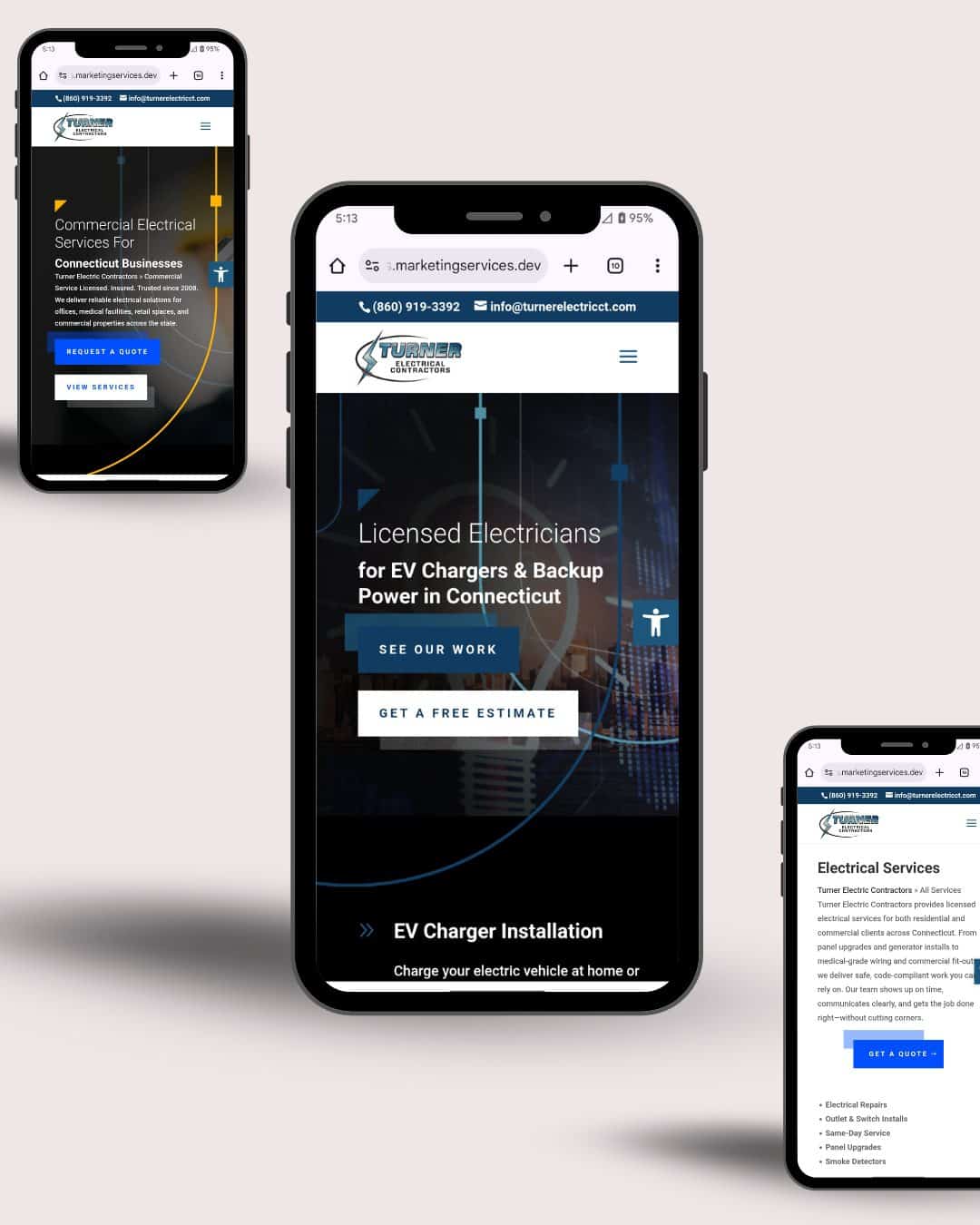 Mobile view mockup of Turner Electric Contractors website featuring commercial electrical services, EV charger installation, and a service request interface with clean, responsive design on three smartphones.
